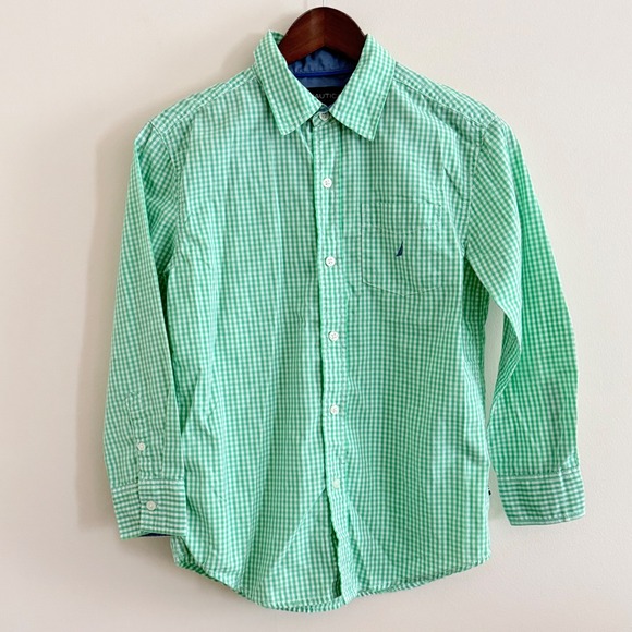 Nautica Other - Nautica Boys Green White Gingham Check Long Sleeve Button Down Shirt Sz M 10/12
